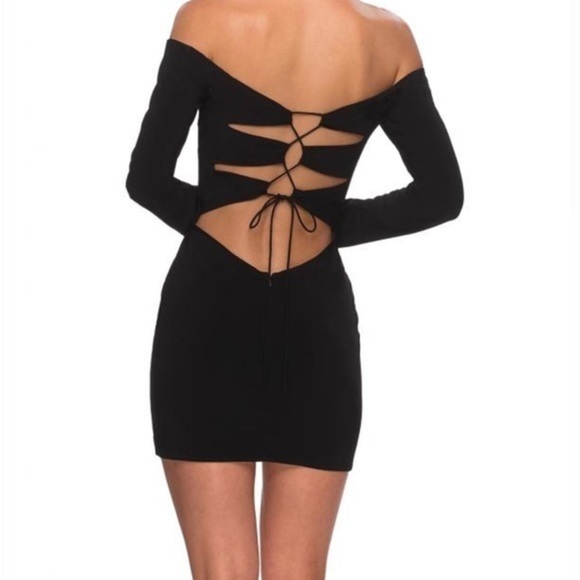 La‎ Femme Lace Up Back Mini Dress Women’s Size 10 Long Sleeve Off Shoulder Black - Picture 2 of 12